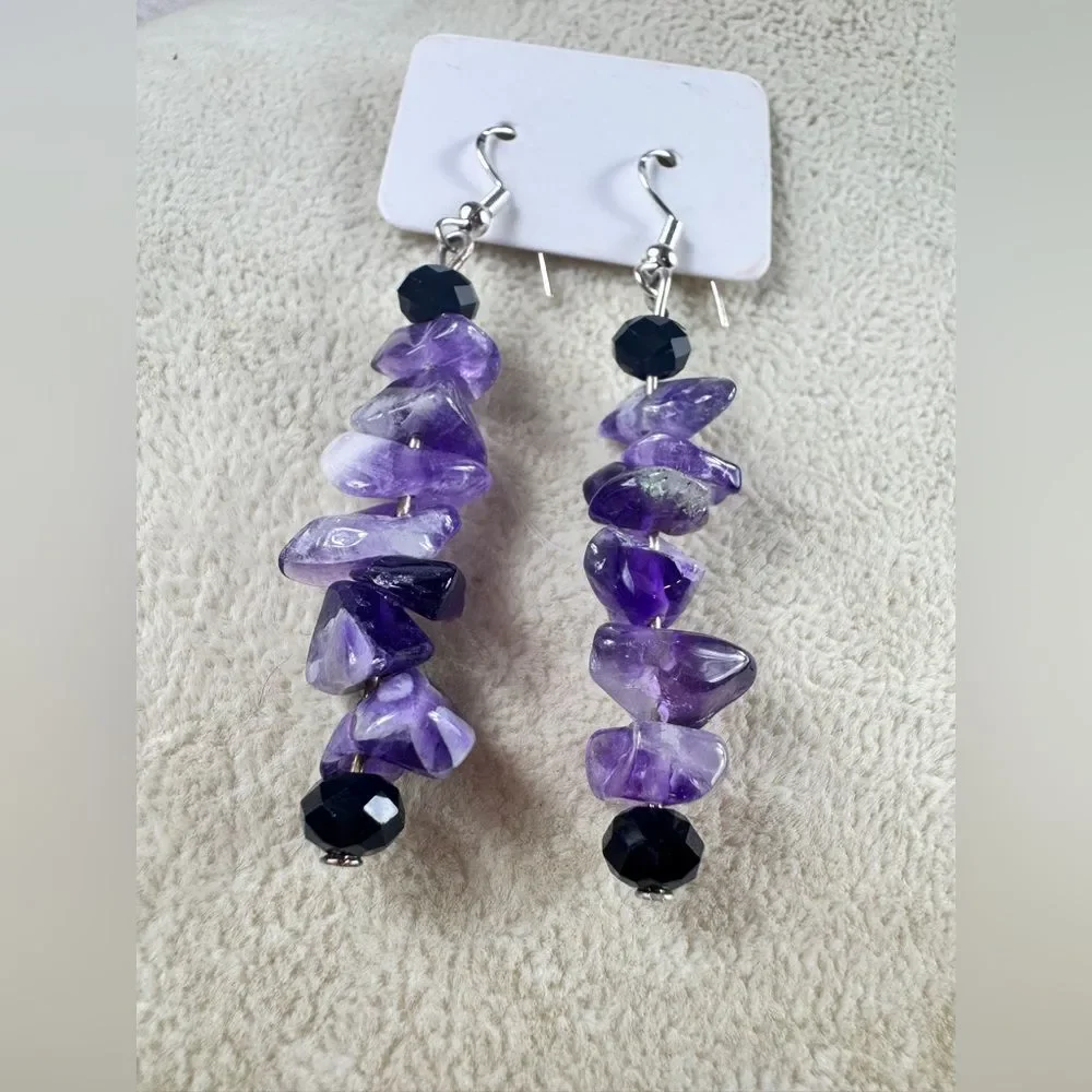 Amethyst and Black Stone Drop Earrings